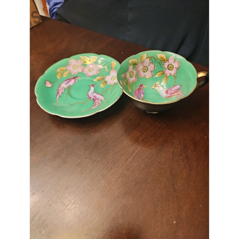 Vintage Teacup and Saucer Set Green Floral & Birds w/ Gold Trim Made in Japan